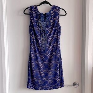Women’s Blue Lace Mini Dress, high neckline, size L cobalt blue prom party dress